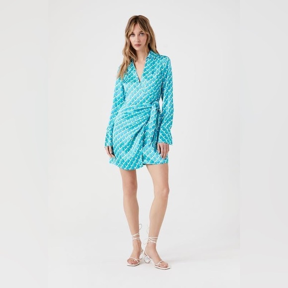 Forever 21 Dresses & Skirts - Forever 21 Blue Wrap Dress with Bell Sleeves and Plunge Neckline